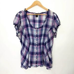 Torrid Button Up Short Sleeve Plaid Cotton Blouse Top Shirt In Purple Blue
